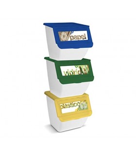 TIENDA EURASIA® Cubos de Basura de Reciclaje - Pack de 3 Contenedores de 36L Apilables (Papel - Vidrio - Plástico) - Ideal para 