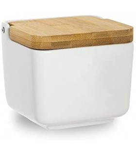 Salero de Porcelana con Tapa de Bambú (Salero Blanco 12 x 12 x 11 cm)