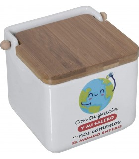 TIENDA EURASIA® Saleros de Cocina con Tapa Originales - Cerámica con Tapa de Bambú - 12x12x12cm