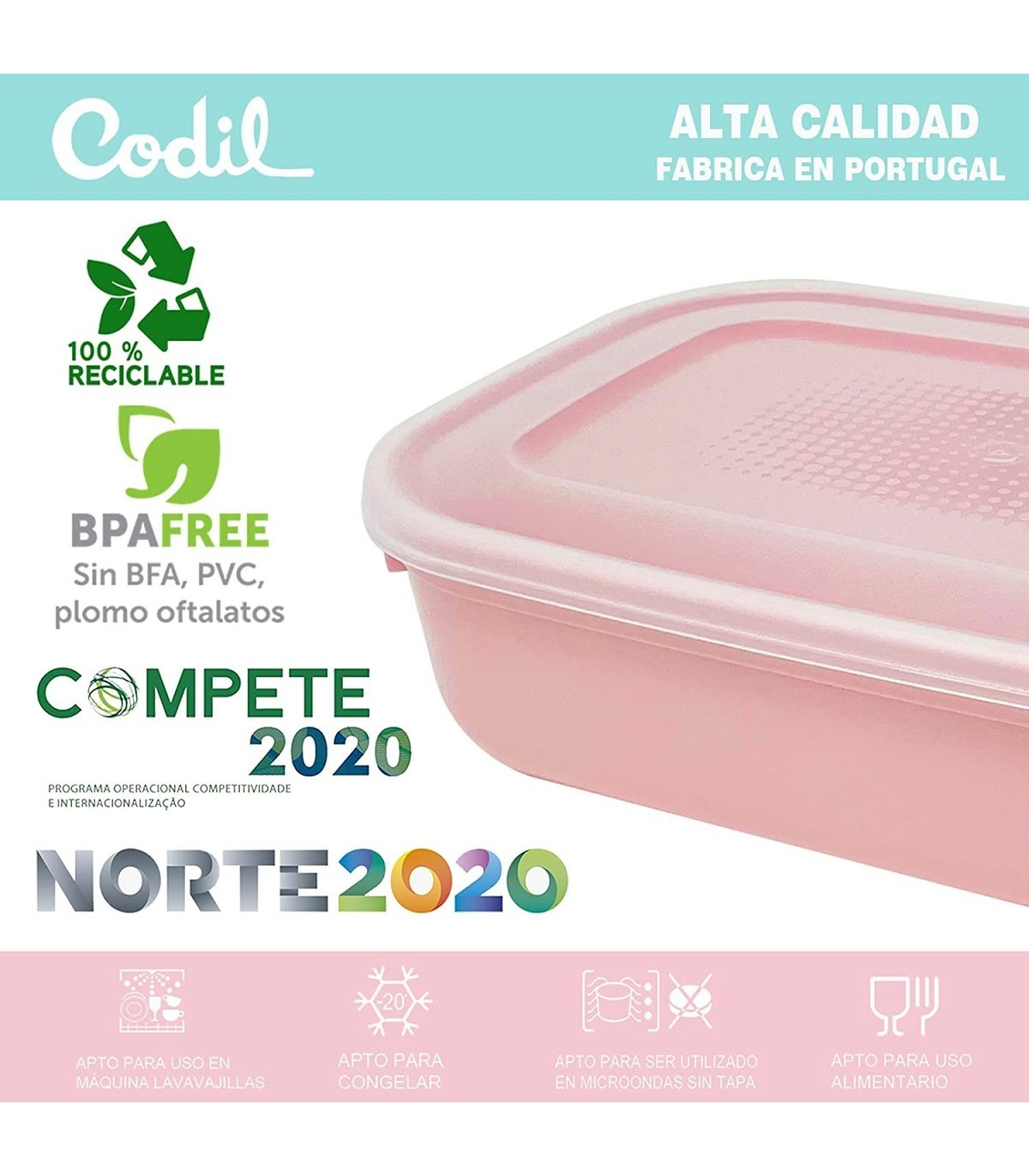 Rosa Verde y Azul, 6 x 2L Codil Juegos Tupper de Plásticos para Alimentos Apto para Microondas Lavavajillas y Congelador Recipientes con Tapa Tapers Cuadrado Reutilizables para Comida Sin BPA 