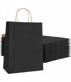 Pack 25 Bolsas de Papel Kraft de Regalo con Asa Color Liso (18x24 +8 cm, Negra)
