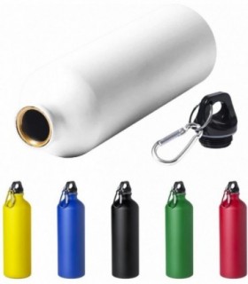 Botella de Aluminio, 800 ml, Tapon de Seguridad y Mosqueton Metalico Blanco