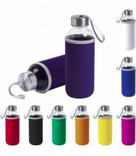 Pack 2 Botellas de Cristal con Funda de Neopreno, 420 ml, Tapon a Rosca y Cinta de Transporte (Morado)