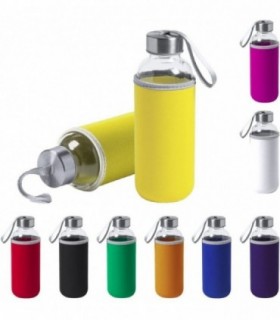 Pack 2 Botellas de Cristal con Funda de Neopreno, 420 ml, Tapon a Rosca y Cinta de Transporte, Color Amarillo