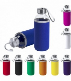 Pack 2 Botellas de Cristal con Funda de Neopreno, 420 ml, Tapon a Rosca y Cinta de Transporte, Color Azul