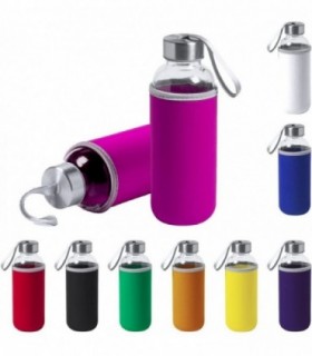Pack 2 Botellas de Cristal con Funda de Neopreno, 420 ml, Tapon a Rosca y Cinta de Transporte, Color Fucsia