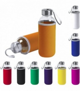 Pack 2 Botellas de Cristal con Funda de Neopreno, 420 ml, Tapon a Rosca y Cinta de Transporte, Color Naranja