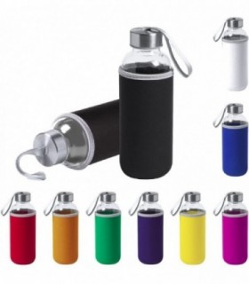 Pack 2 Botellas de Cristal con Funda de Neopreno, 420 ml, Tapon a Rosca y Cinta de Transporte, Color Negro