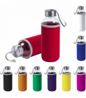 Pack 2 Botellas de Cristal con Funda de Neopreno, 420 ml, Tapon a Rosca y Cinta de Transporte, Color Rojo