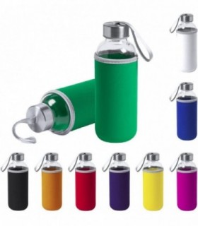 Pack 2 Botellas de Cristal con Funda de Neopreno, 420 ml, Tapon a Rosca y Cinta de Transporte, Color Verde