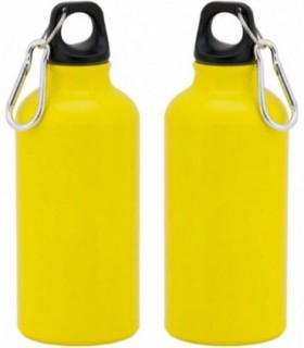 Pack de 2 Botellas de Aluminio, 400 ml, Tapón de Seguridad y Mosqueton (Amarillo)