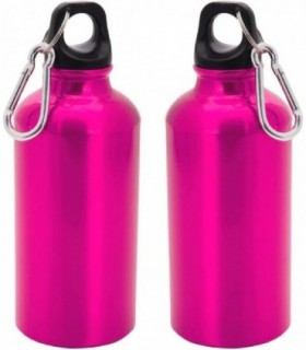 Pack de 2 Botellas de Aluminio, 400 ml, Tapón de Seguridad y Mosqueton, Fucsia