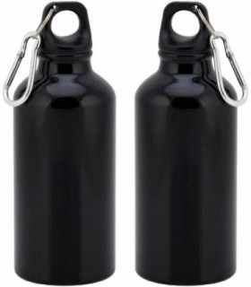 Pack de 2 Botellas de Aluminio, 400 ml, Tapón de Seguridad y Mosqueton, Negro