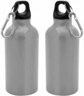 Pack de 2 Botellas de Aluminio, 400 ml, Tapón de Seguridad y Mosqueton, Plata