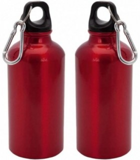 Pack de 2 Botellas de Aluminio, 400 ml, Tapón de Seguridad y Mosqueton, Rojo