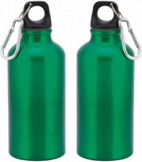 Pack de 2 Botellas de Aluminio, 400 ml, Tapón de Seguridad y Mosqueton, Verde
