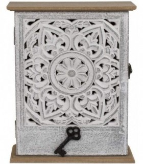 Caja para Llaves de Madera con Puerta, diseño de Flores, Color Blanco, 20x26,5cm