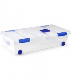 Caja de Almacenamiento de Plastico con Tapa y Ruedas, Cierre a Presion, Apilable (30L, Azul)