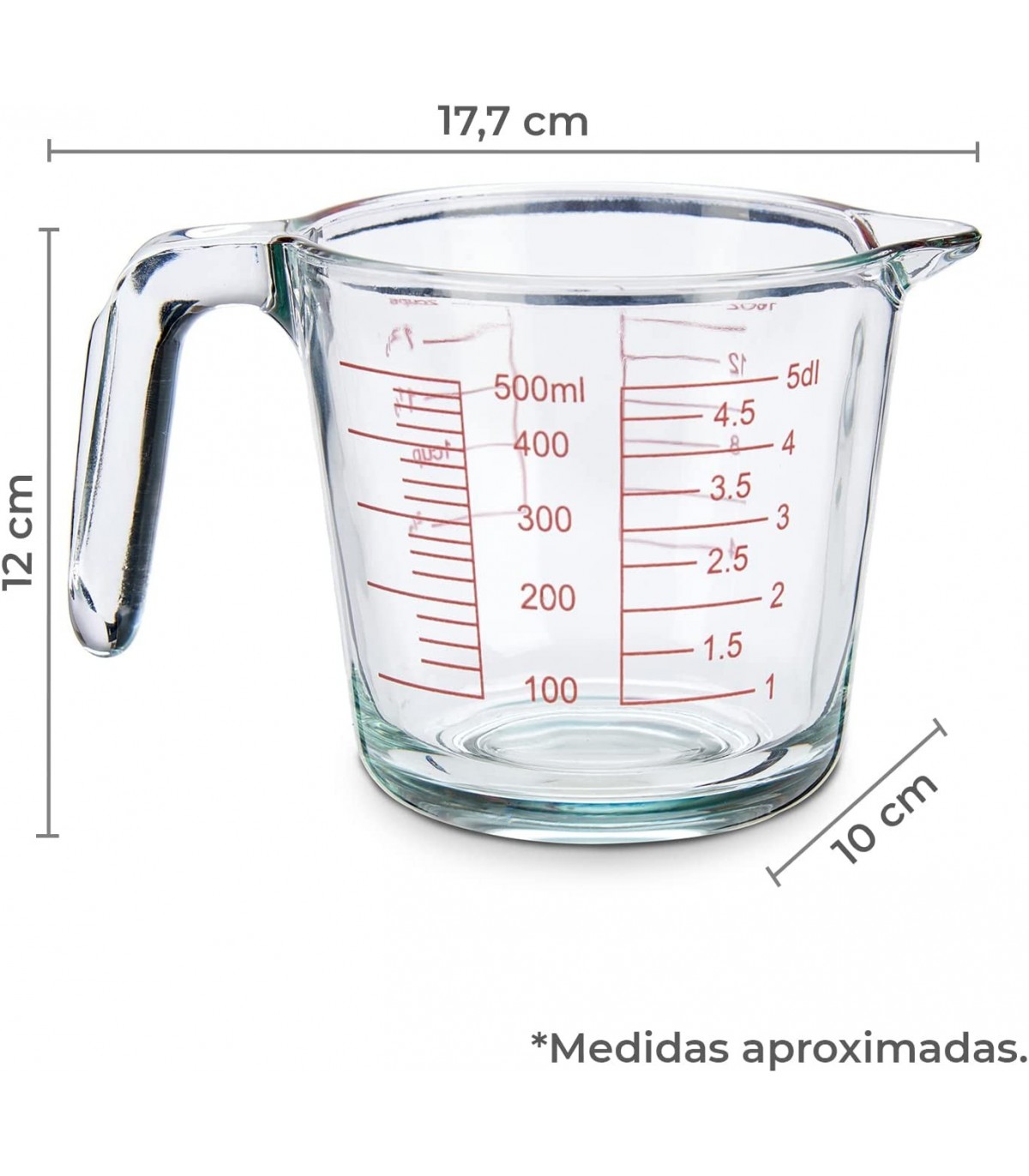 Jarra Medidora de Cristal con 4 Escalas distintas,ml, dl, Oz, Cups, con Asa  (500 ml)