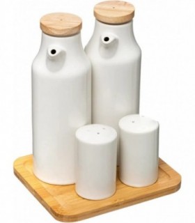 Juego de 4 Piezas, Aceitera Vinagrera Salero y Pimentero de Cerámica Base de Bambú, 15,3x13,3x18,5 cm