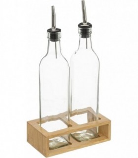 Juego de Aceitera y Vinagrera de Cristal con Soporte de Bambú, 0,48L, 16,6x9,2x32 cm