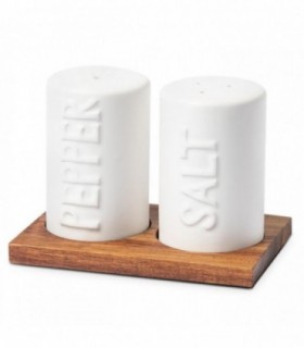 Set de Salero y Pimentero de Cerámica y Base de Madera, 12x8x8.5 cm