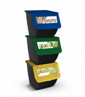 Pack 3 Contenedores de Reciclaje Apilables con Ruedas, Tapa Abatible, 39x39x36 cm (Black)