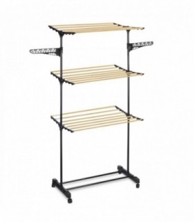 Tendedero 3 Alturas Vertical Plegable con Ruedas, Metal, Negro y Natural, 80-140x57x165 cm
