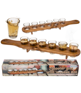 Chupitos de vidrio, set de 6 sobre listón de madera, L: aprox. 45 cm