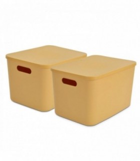 Pack de 2 Caja de Plástico con Tapa, 2 Asas, (Amarillo, 35x25x21,5 cm)