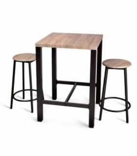 Mesa Alta con 2 Taburetes, Metal y Madera MDF, 60 x 86 x 60 cm, Taburetes 30 x 62 cm