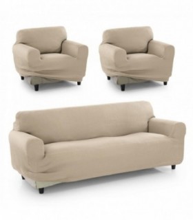 Funda de Sofa Pocket, Poliéster, Algodón y Elastano (Beige, Trío Sofá)