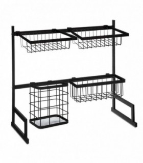 Escurreplatos, 2 Niveles, 18 Platos y 8 Vasos, Metal, 58x51.5x30 cm, Negro, Soporte Esponjas