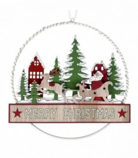 Aro Colgante Merry Christmas con LEDs, 20x20x1.6 cm, Hierro y Madera