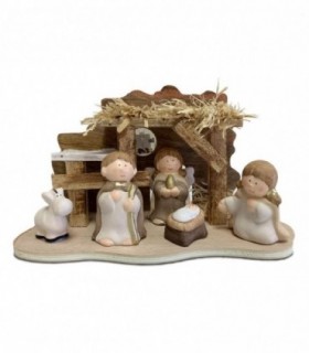 Nacimiento Belen Navidad, 5 Figuras, LED, Cerámica y Madera, 24x10x14.5 cm