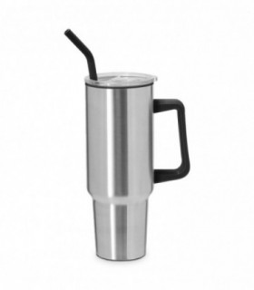 Taza Térmica Lansin, 1.2 L, Plata y Negro, Cierre a Presión, Acero Inoxidable, 26x9 cm