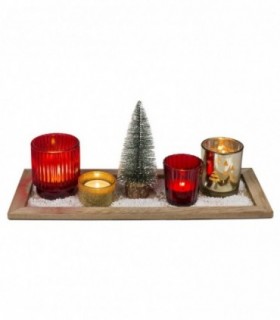 Juego de Portavelas Navideño, Caja de MDF, 4 Portavelas de Cristal, 36x14x15 cm