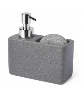 Dispensador Jabon con Estropajo, 150 ml, Cerámica, Gris Oscuro, 14x6x8 cm