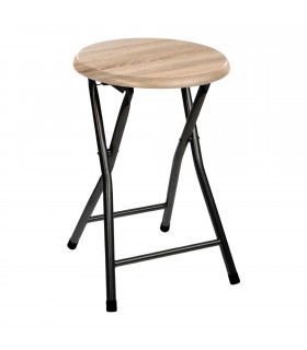 Taburete Plegable Cocina, Madera MDF, Ø30x46,5 cm, Color Roble, Máx 100kg, Anilla de Seguridad