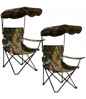 Silla Playa o Camping Plegable, Parasol y Porta Vasos, Metal y Tela Oxford, Camuflaje, 78x48x130 cm