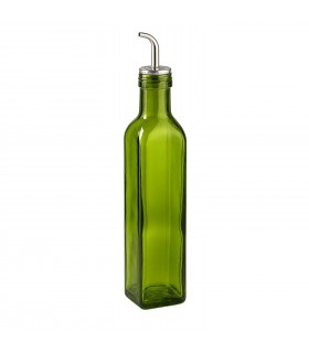 Aceitera Antigoteo, Cristal y Acero Inoxidable, Cuadrado, Verde y Plateado, Boquilla Giratoria