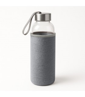 Botella Agua, Cristal y Acero Inoxidable, Funda Neopreno, 420 ml, Tapón con Cinta, 6.4Øx19 cm, sin BPA