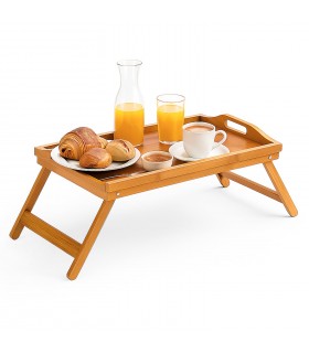 Bandeja Cama, 100% Bambú Natural, con Asas y Patas Plegables, Marrón Claro, 50x30x21 cm