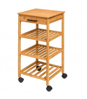 Carrito Cocina, con 4 Ruedas de Plástico PP, 33x33x73 cm, Bambú + Plástico PP, Color Natural, Estante de 3 Niveles y 1 Cajón