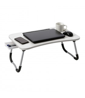 Mesa Plegable Portatil, con Posavasos y Cajón, Madera MDF, Base de Hierro y Plástico PP, 60x40x26 cm, Antideslizante