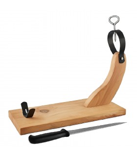 Jamonero Curvado, Incluye Cuchillo Jamonero, Madera Marrón Claro, Herrajes Metálicos Negro Epoxi, Pincho de Acero, 48x16.5x38 cm