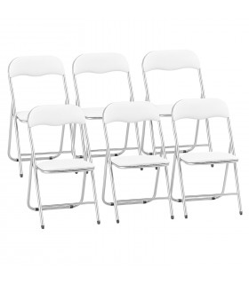 Pack de 6 Sillas Plegables, Metal y Cuero Sintético, Asiento Acolchado, 44x48x80 cm, Blanco, Peso Máx. 130Kg