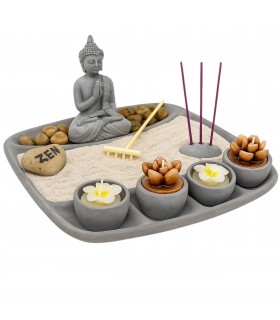 Jardin Zen, 23x23x12 cm, Colores Neutros, Cemento, Incluye 4 Velas, Arena y Piedras
