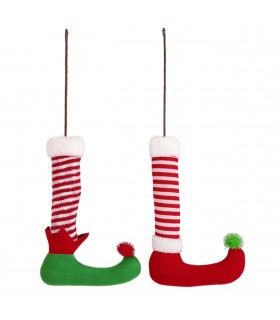 Pack 2 Piernas Elfo Navidad, 14x45 cm, Algodón y Fieltro, Rojo, Verde y Blanco, Decoración Arbol de Navidad