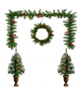 Guirnalda, Corona y 2 Árboles de Navidad para la Entrada, Verde, Rojo y Dorado